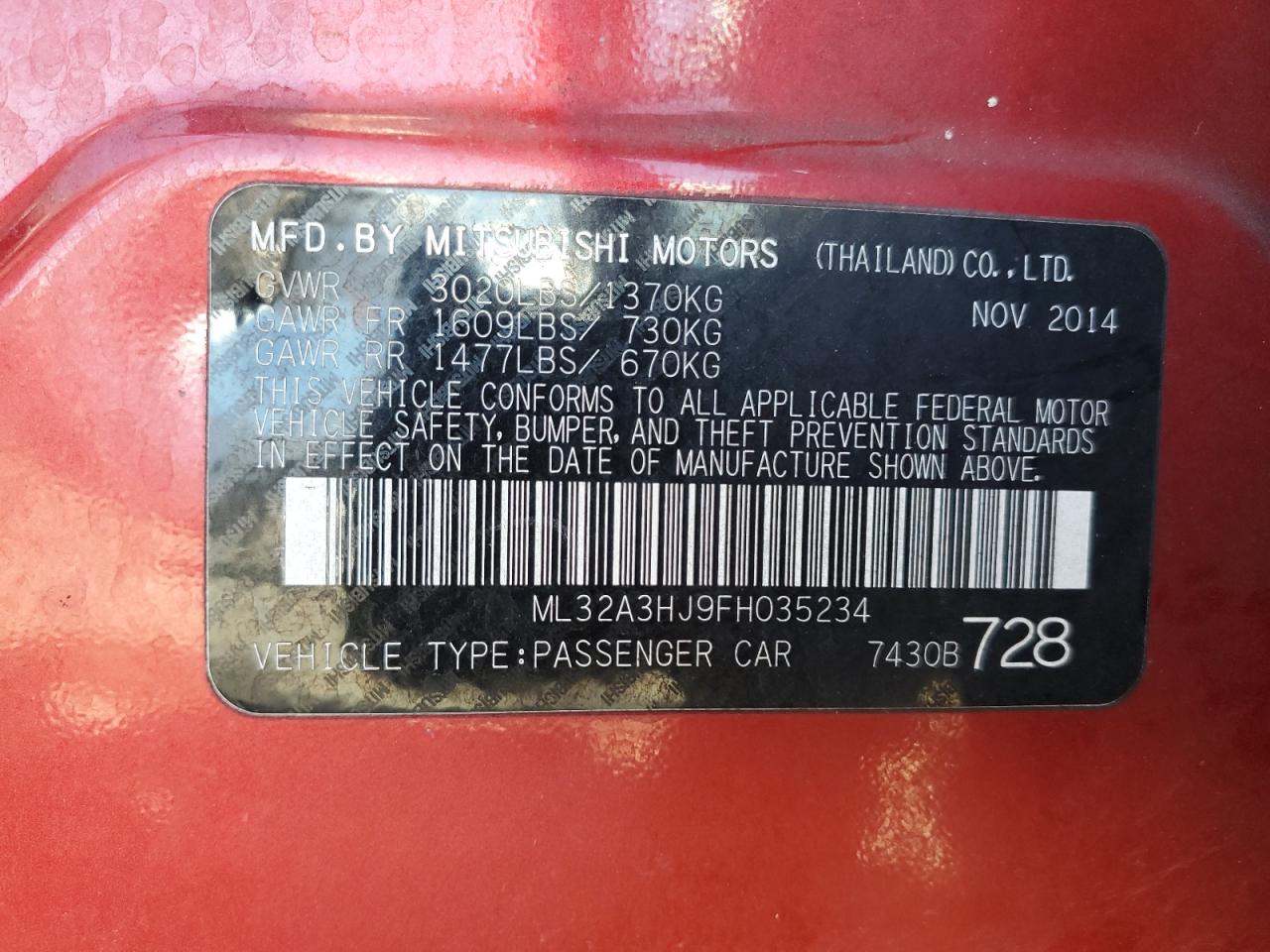 2015 Mitsubishi Mirage De VIN: ML32A3HJ9FH035234 Lot: 81034005