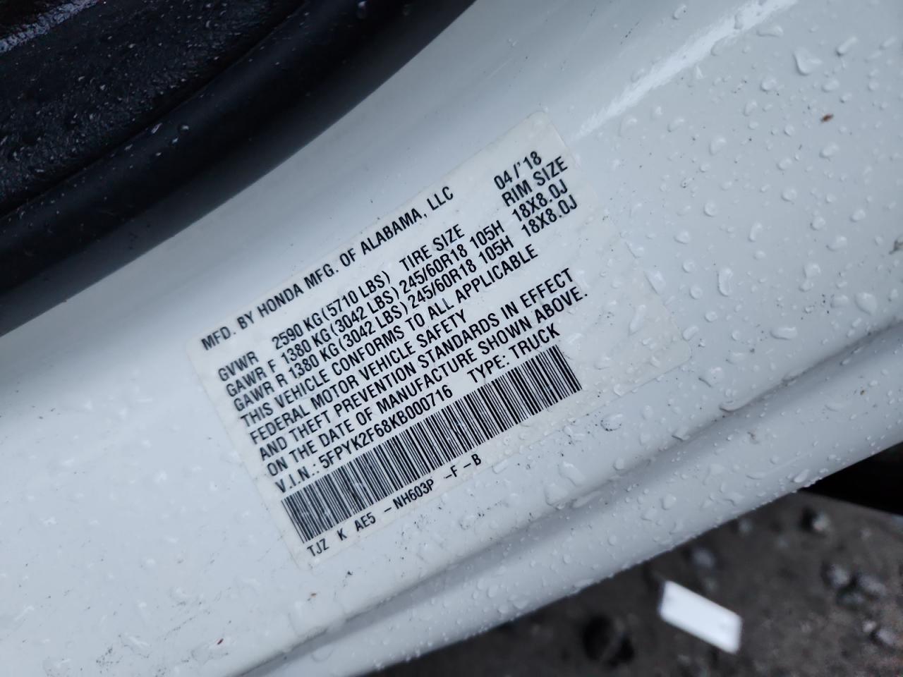 2019 Honda Ridgeline Rtl VIN: 5FPYK2F68KB000716 Lot: 81908675