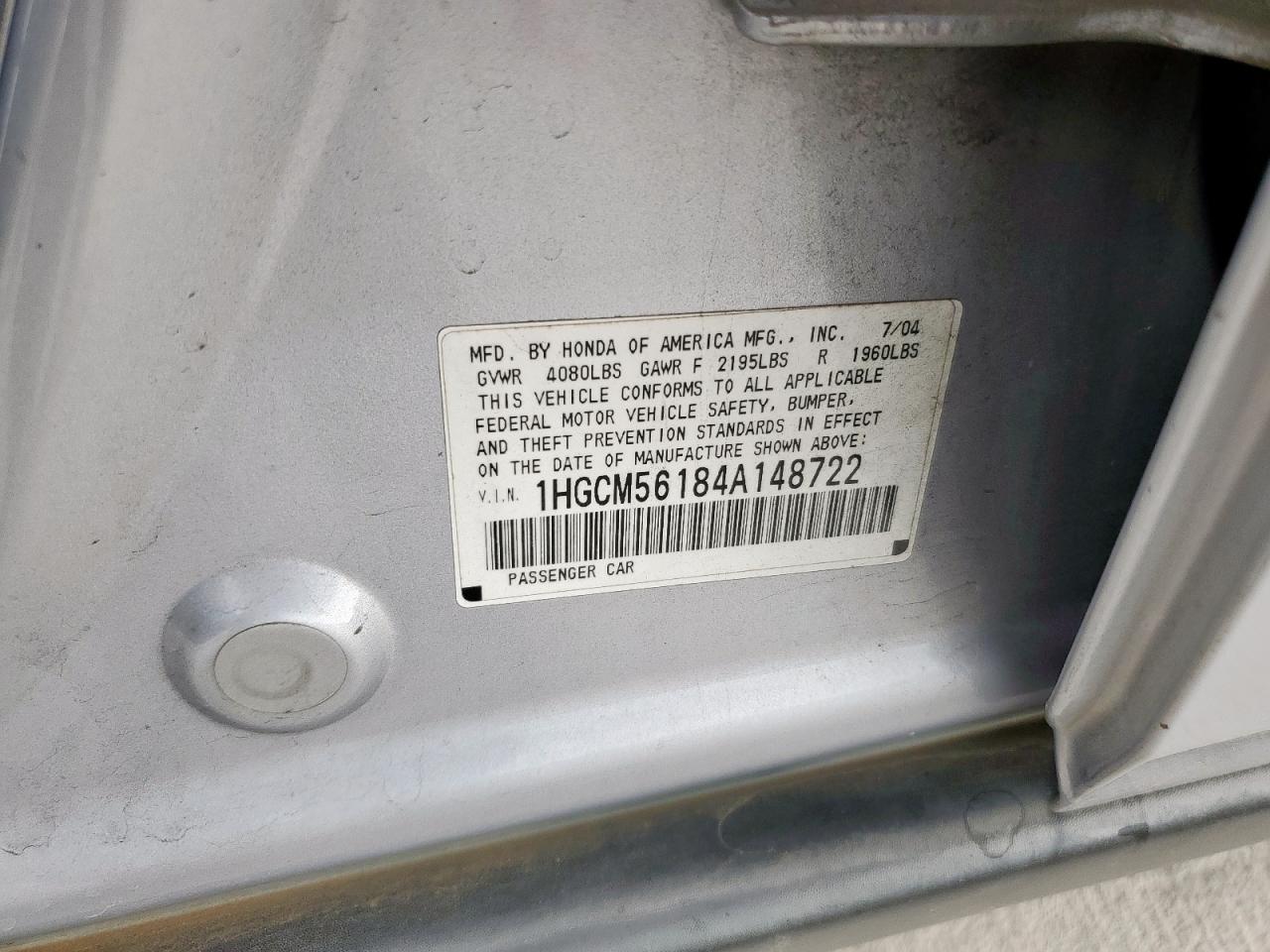 2004 Honda Accord Dx VIN: 1HGCM56184A148722 Lot: 84833795