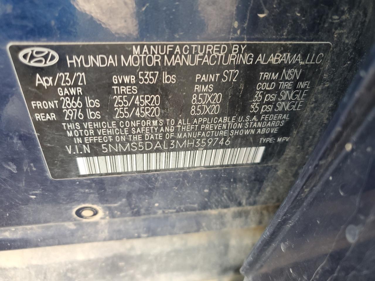 2021 Hyundai Santa Fe Calligraphy VIN: 5NMS5DAL3MH359746 Lot: 71246795