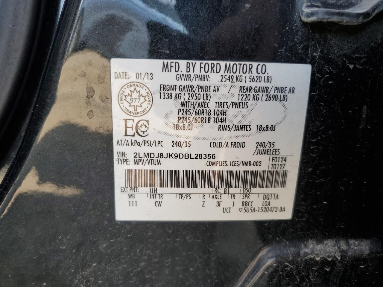 2013 Lincoln Mkx VIN: 2LMDJ8JK9DBL28356 Lot: 80123575