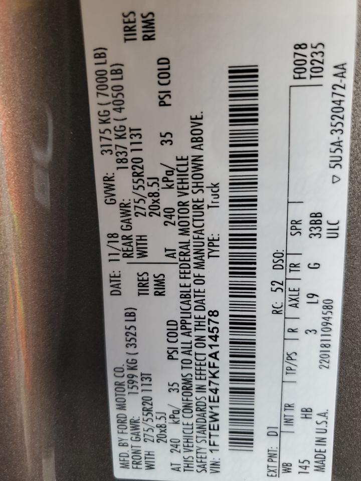 2019 Ford F150 Supercrew VIN: 1FTEW1E47KFA14578 Lot: 81577185