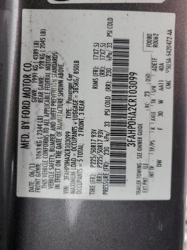 2012 Ford Fusion Se VIN: 3FAHP0HA2CR103099 Lot: 83971485