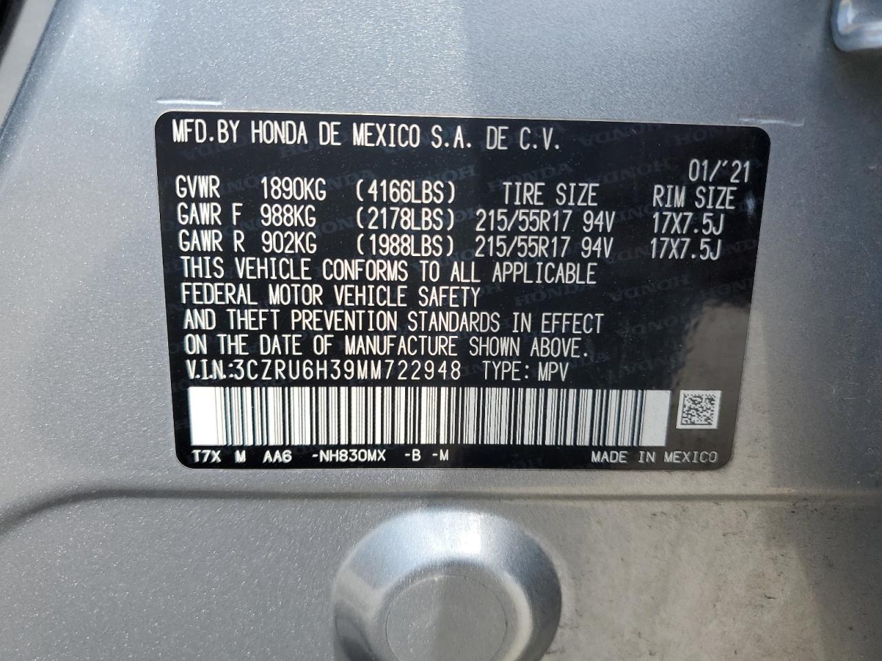 2021 Honda Hr-V Lx VIN: 3CZRU6H39MM722948 Lot: 71168665