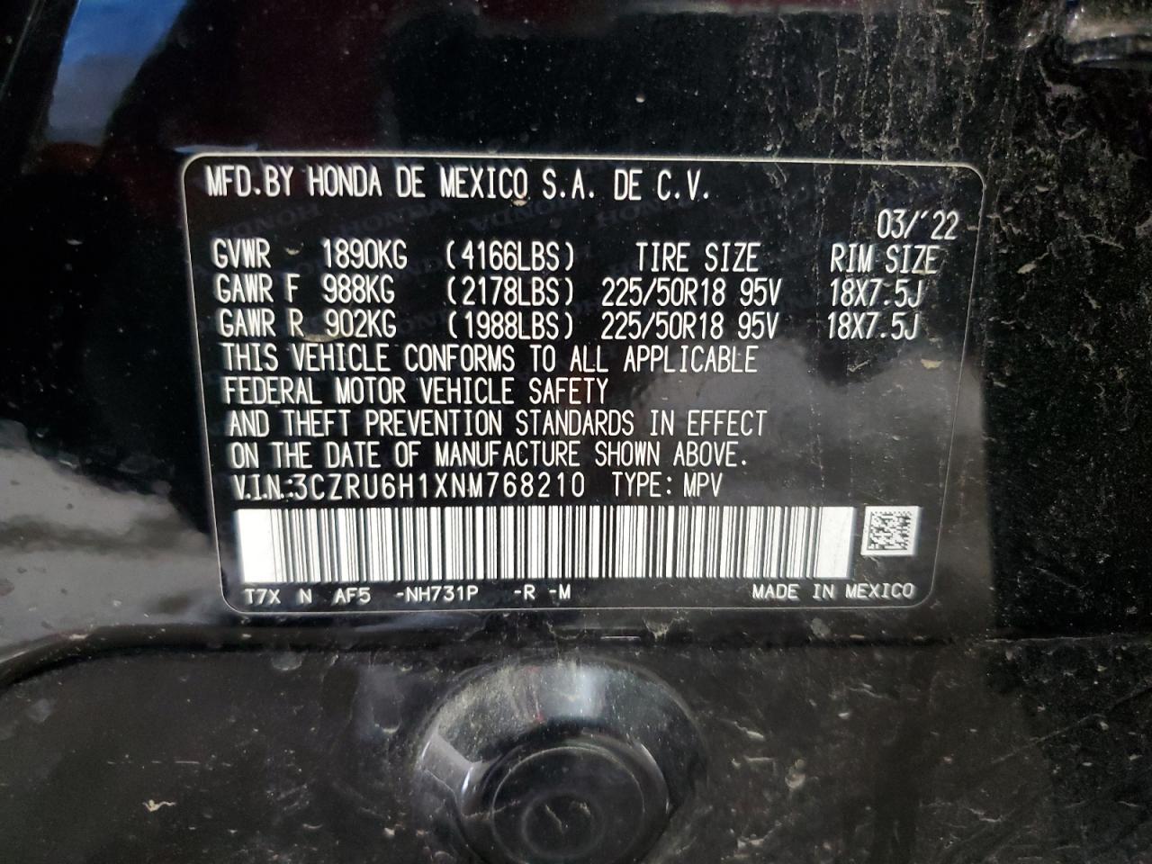 2022 Honda Hr-V Sport VIN: 3CZRU6H1XNM768210 Lot: 80544065