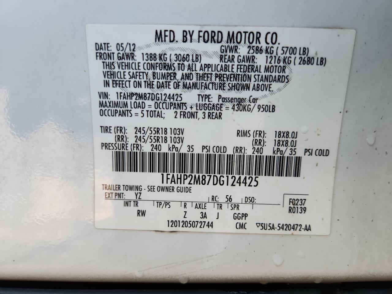 2013 Ford Taurus Police Interceptor VIN: 1FAHP2M87DG124425 Lot: 84032455