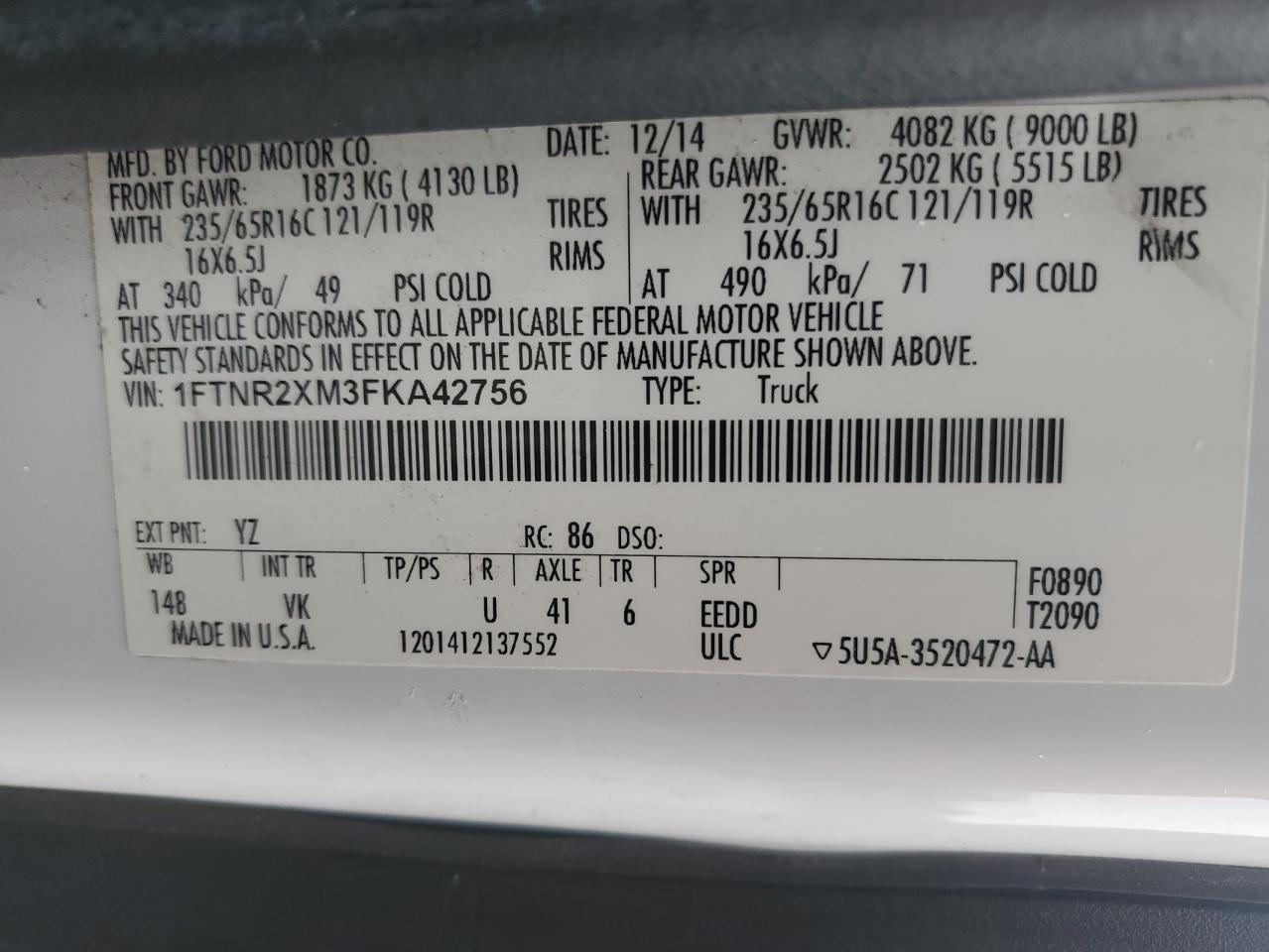 2015 Ford Transit T-250 VIN: 1FTNR2XM3FKA42756 Lot: 84300175