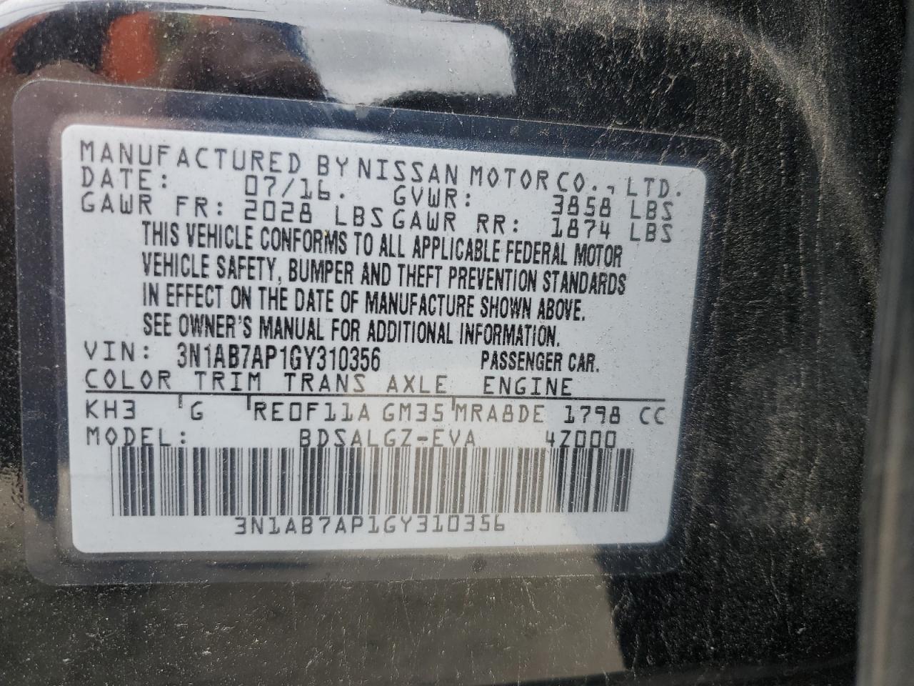 2016 Nissan Sentra S VIN: 3N1AB7AP1GY310356 Lot: 80316255