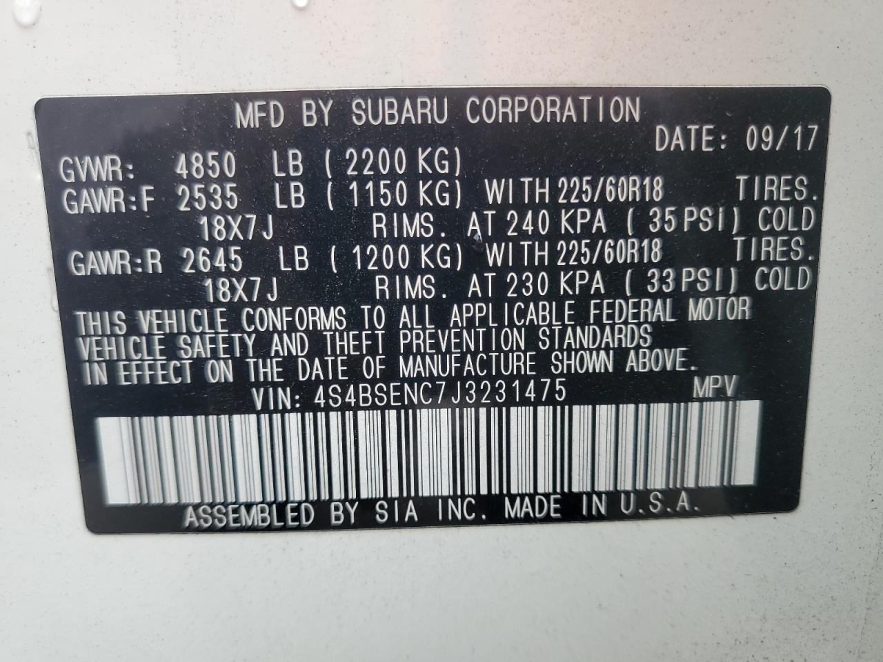 2018 Subaru Outback 3.6R Limited VIN: 4S4BSENC7J3231475 Lot: 80007645