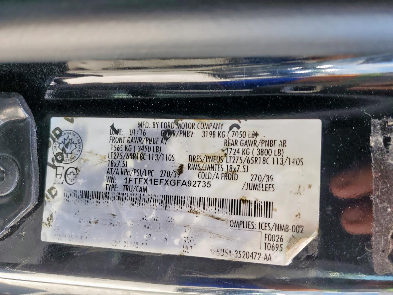 2016 Ford F150 Super Cab VIN: 1FTFX1EFXGFA92735 Lot: 81779655