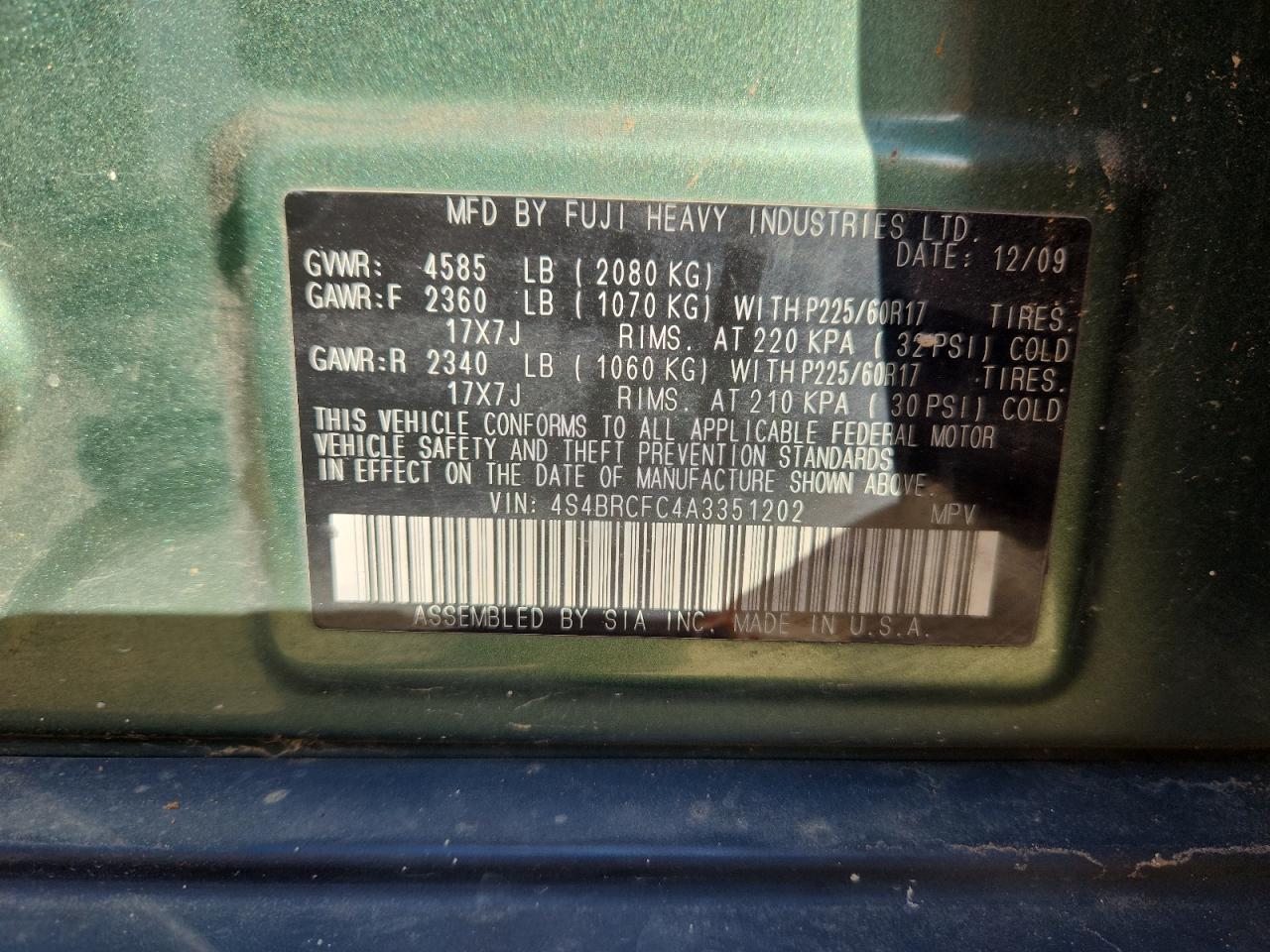 2010 Subaru Outback 2.5I Premium VIN: 4S4BRCFC4A3351202 Lot: 84438765