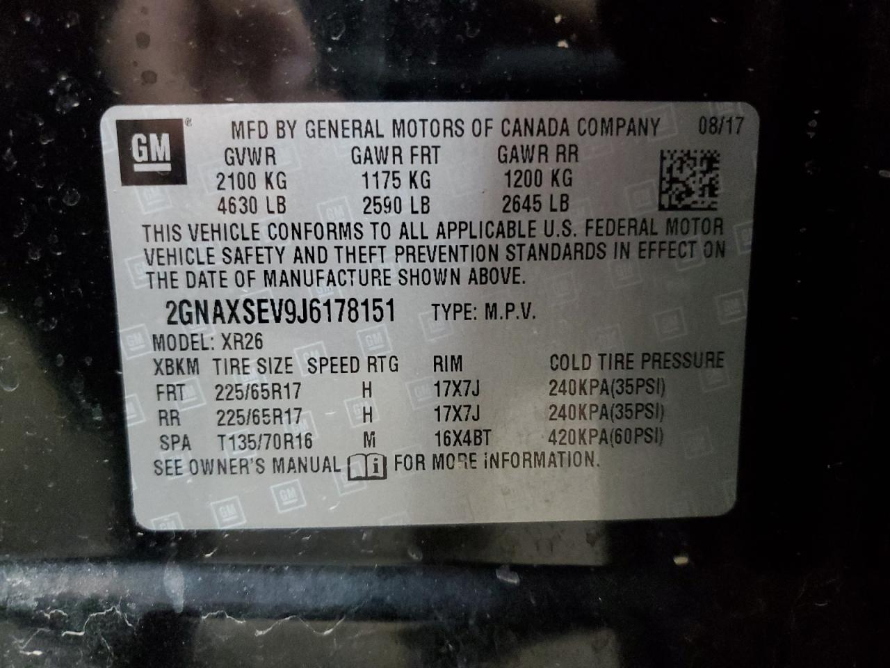 2018 Chevrolet Equinox Lt VIN: 2GNAXSEV9J6178151 Lot: 81432725