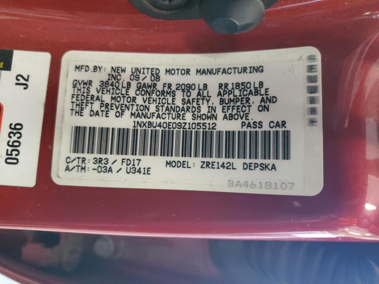 2009 Toyota Corolla Base VIN: 1NXBU40E09Z105512 Lot: 81205695