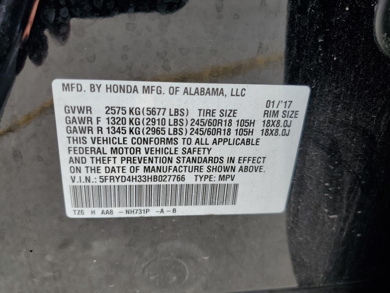 2017 Acura Mdx VIN: 5FRYD4H33HB027766 Lot: 81138135