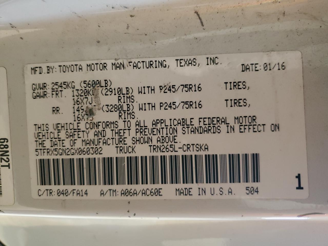 2016 Toyota Tacoma Access Cab VIN: 5TFRX5GN2GX060302 Lot: 80874215