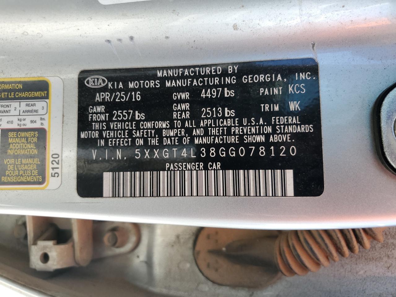 2016 Kia Optima Lx VIN: 5XXGT4L38GG078120 Lot: 80308445
