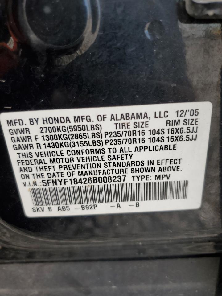 2006 Honda Pilot Ex VIN: 5FNYF18426B008237 Lot: 71163565