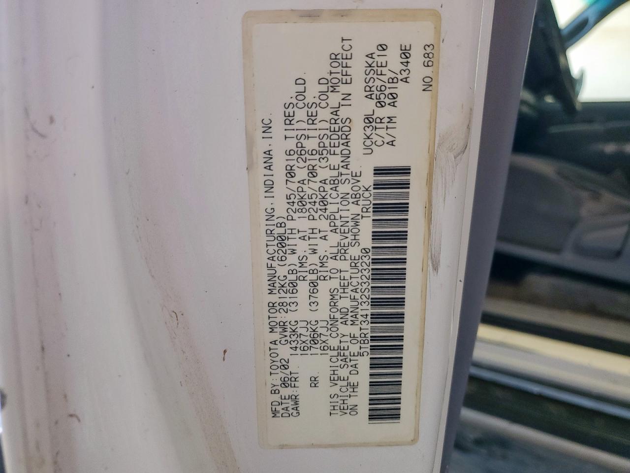 2002 Toyota Tundra Access Cab VIN: 5TBRT34132S323230 Lot: 84025575