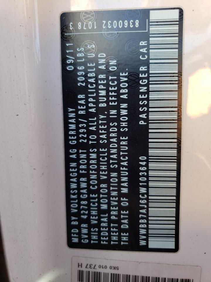 2012 Volkswagen Golf VIN: WVWBB7AJ6CW103640 Lot: 84014335