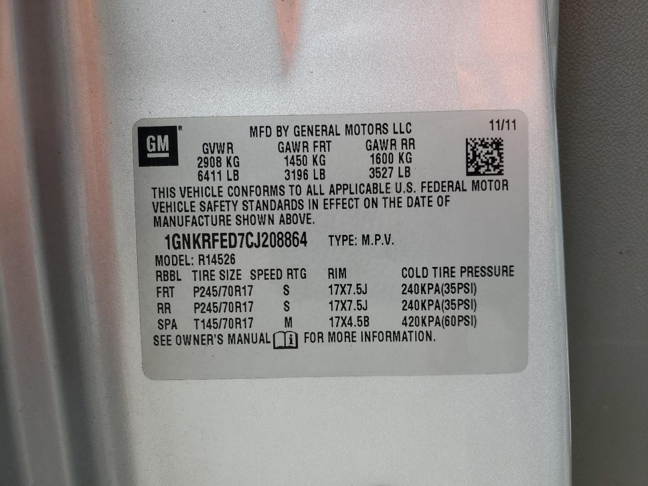 2012 Chevrolet Traverse Ls VIN: 1GNKRFED7CJ208864 Lot: 83832215