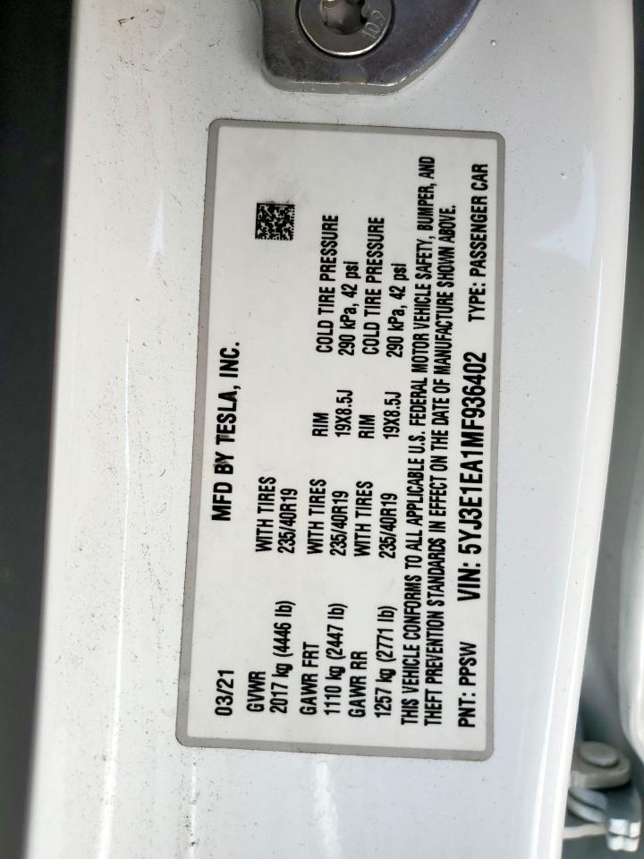 2021 Tesla Model 3 VIN: 5YJ3E1EA1MF936402 Lot: 80156725