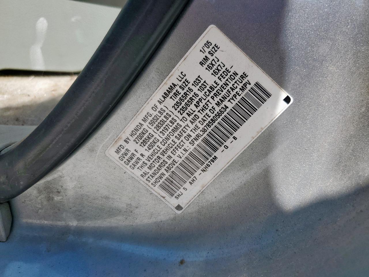 2005 Honda Odyssey Exl VIN: 5FNRL38785B056634 Lot: 71490825