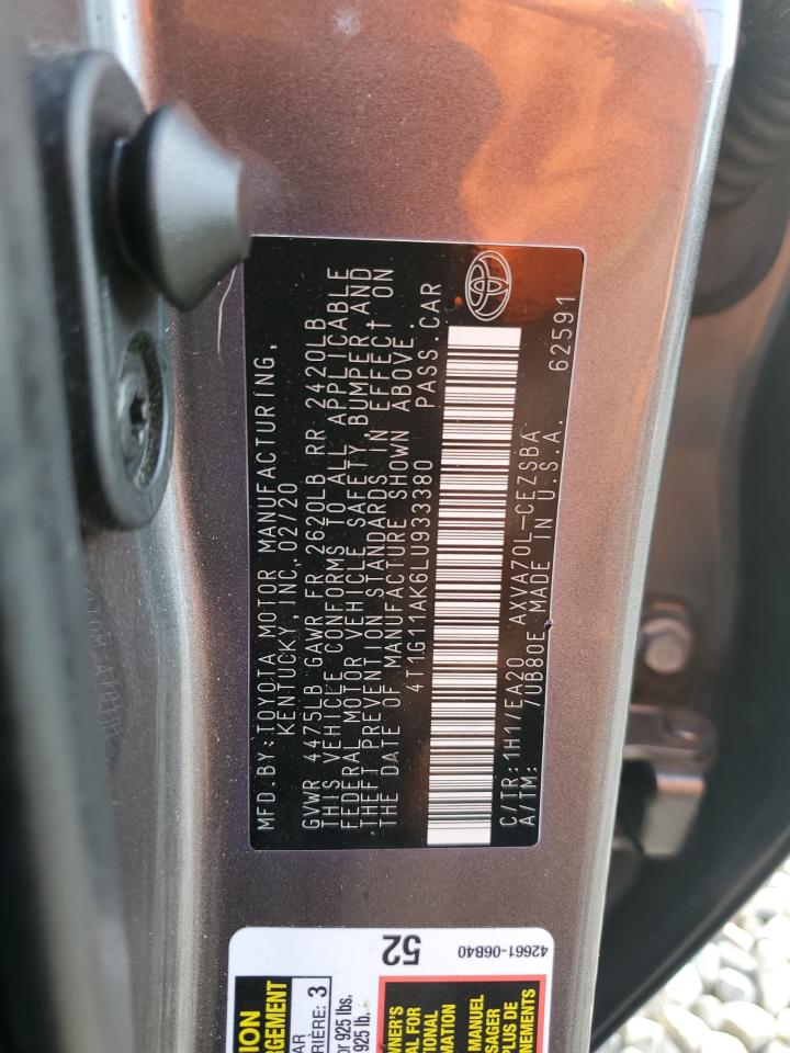 2020 Toyota Camry Se VIN: 4T1G11AK6LU933380 Lot: 81384345