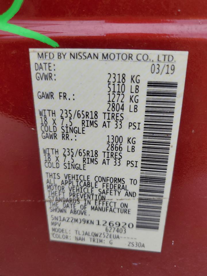 2019 Nissan Murano S VIN: 5N1AZ2MJ9KN126920 Lot: 81287725