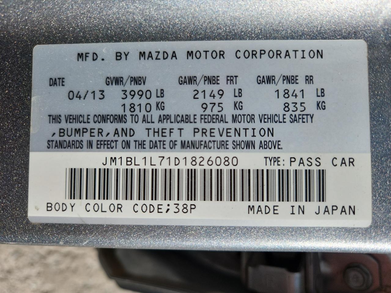 2013 Mazda 3 I VIN: JM1BL1L71D1826080 Lot: 71219695