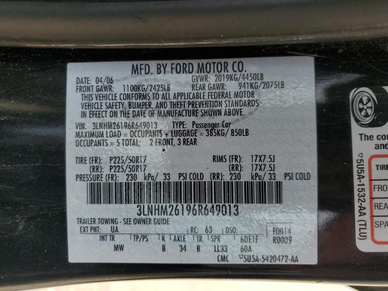 2006 Lincoln Zephyr VIN: 3LNHM26196R649013 Lot: 71019205