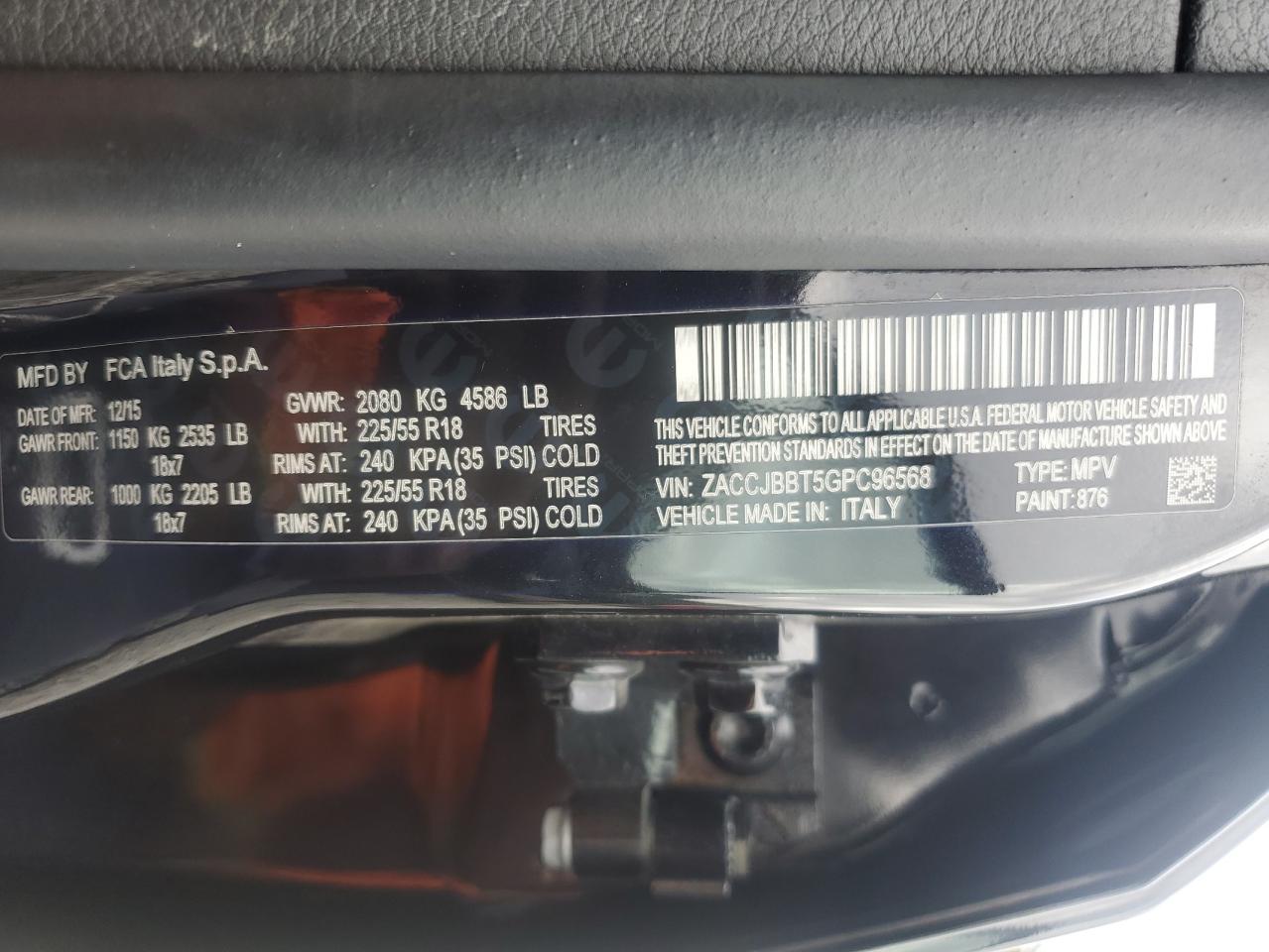 2016 Jeep Renegade Latitude VIN: ZACCJBBT5GPC96568 Lot: 81860005