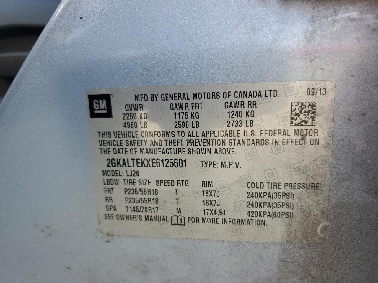 2014 GMC Terrain Slt VIN: 2GKALTEKXE6125601 Lot: 82120235