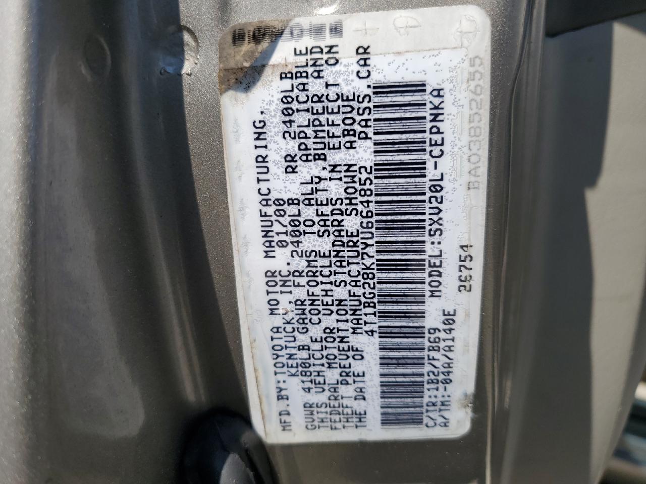2000 Toyota Camry Ce VIN: 4T1BG28K7YU664852 Lot: 80159975
