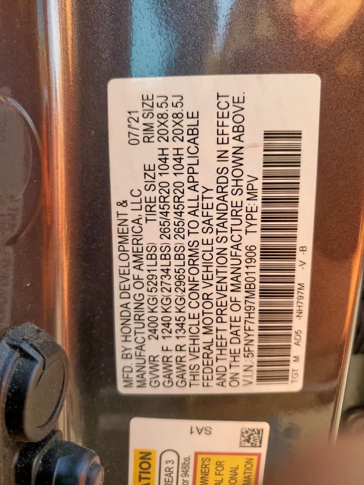 2021 Honda Passport Touring VIN: 5FNYF7H97MB011906 Lot: 71862745