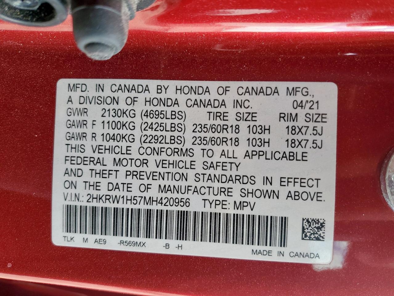 2021 Honda Cr-V Ex VIN: 2HKRW1H57MH420956 Lot: 84281025