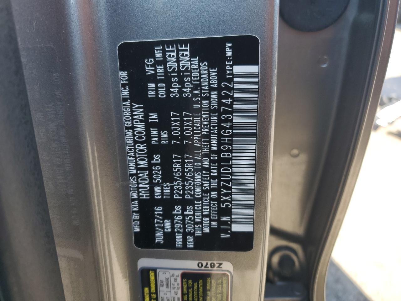 2017 Hyundai Santa Fe Sport VIN: 5XYZUDLB9HG437422 Lot: 81310335