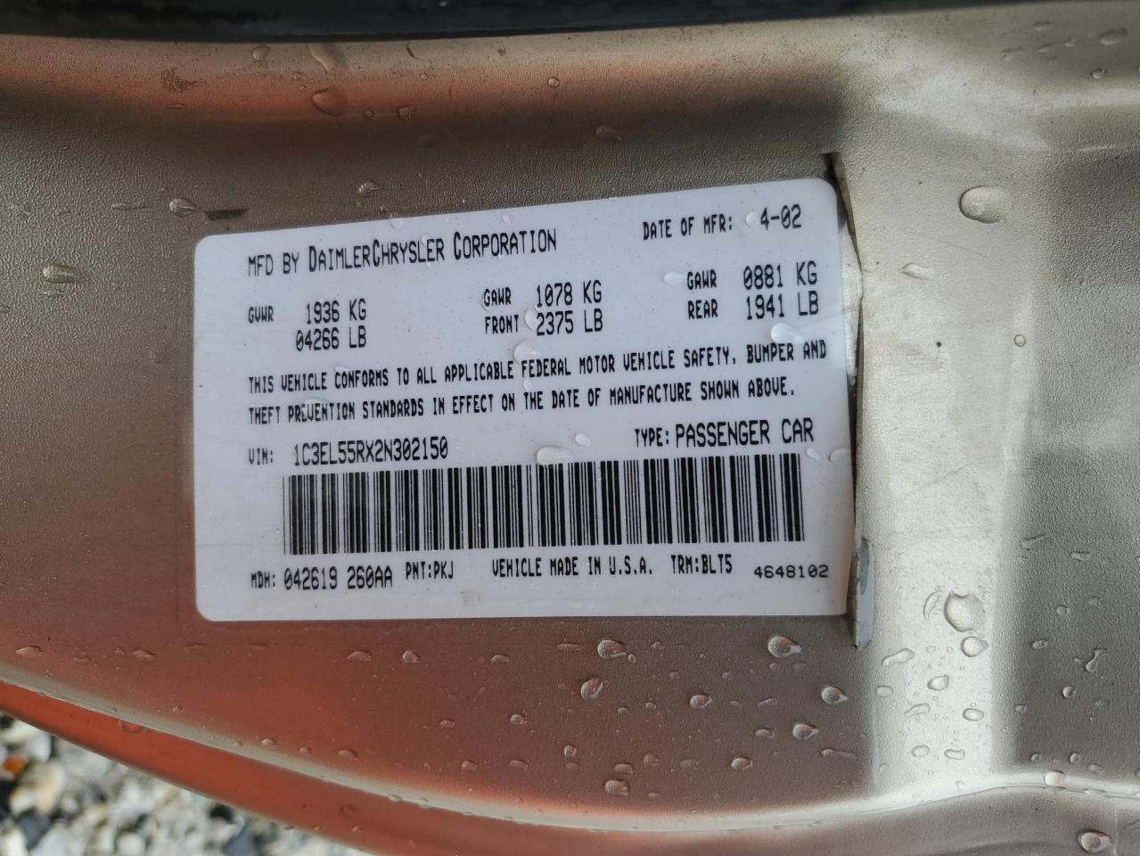 2002 Chrysler Sebring Lxi VIN: 1C3EL55RX2N302150 Lot: 81300405