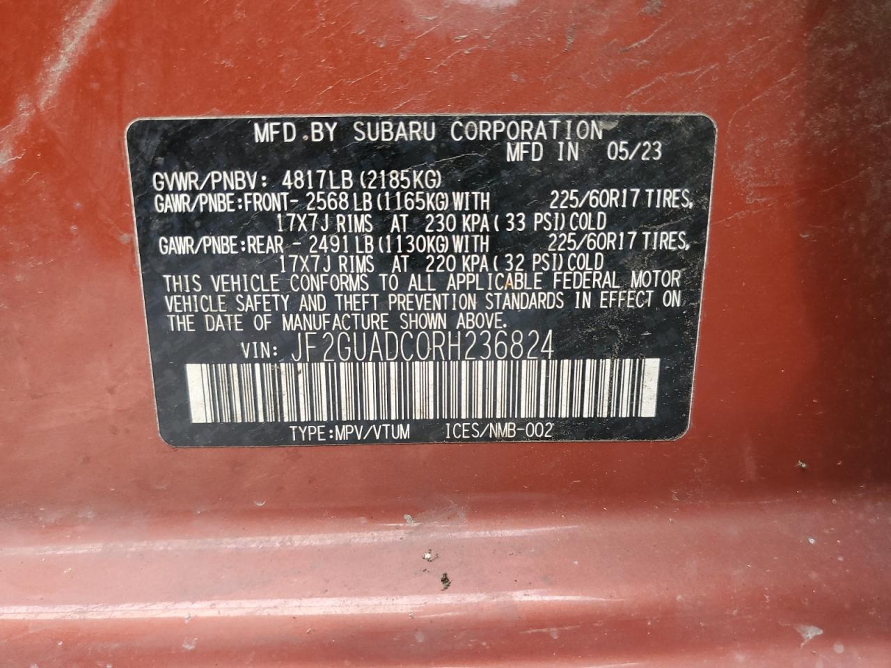 2024 Subaru Crosstrek Premium VIN: JF2GUADC0RH236824 Lot: 81891615