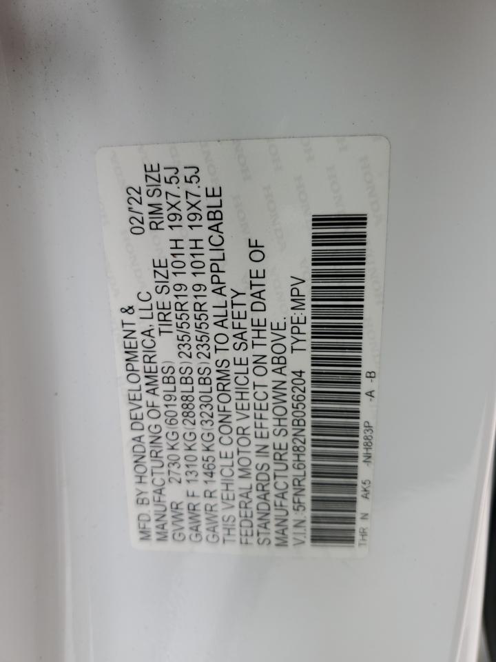 2022 Honda Odyssey Touring VIN: 5FNRL6H82NB056204 Lot: 80079755