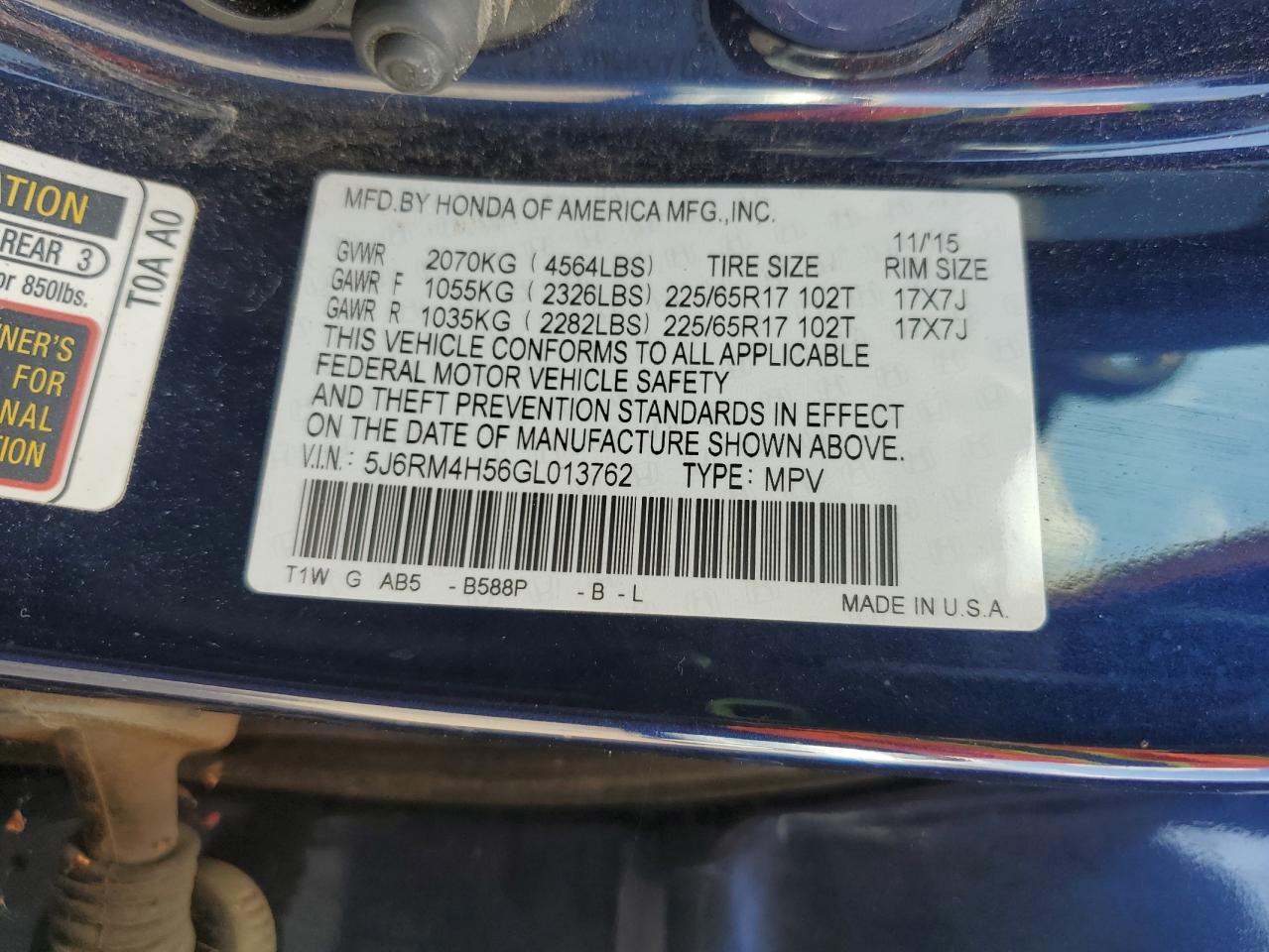 2016 Honda Cr-V Ex VIN: 5J6RM4H56GL013762 Lot: 84434145