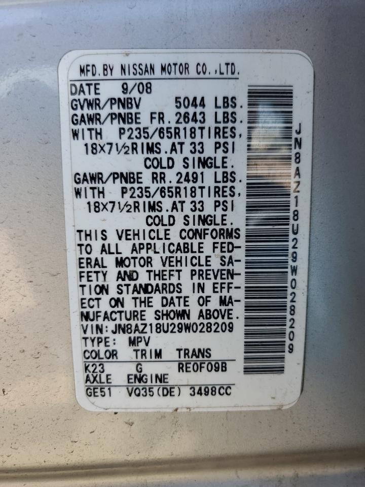 2009 Nissan Murano S VIN: JN8AZ18U29W028209 Lot: 80714355