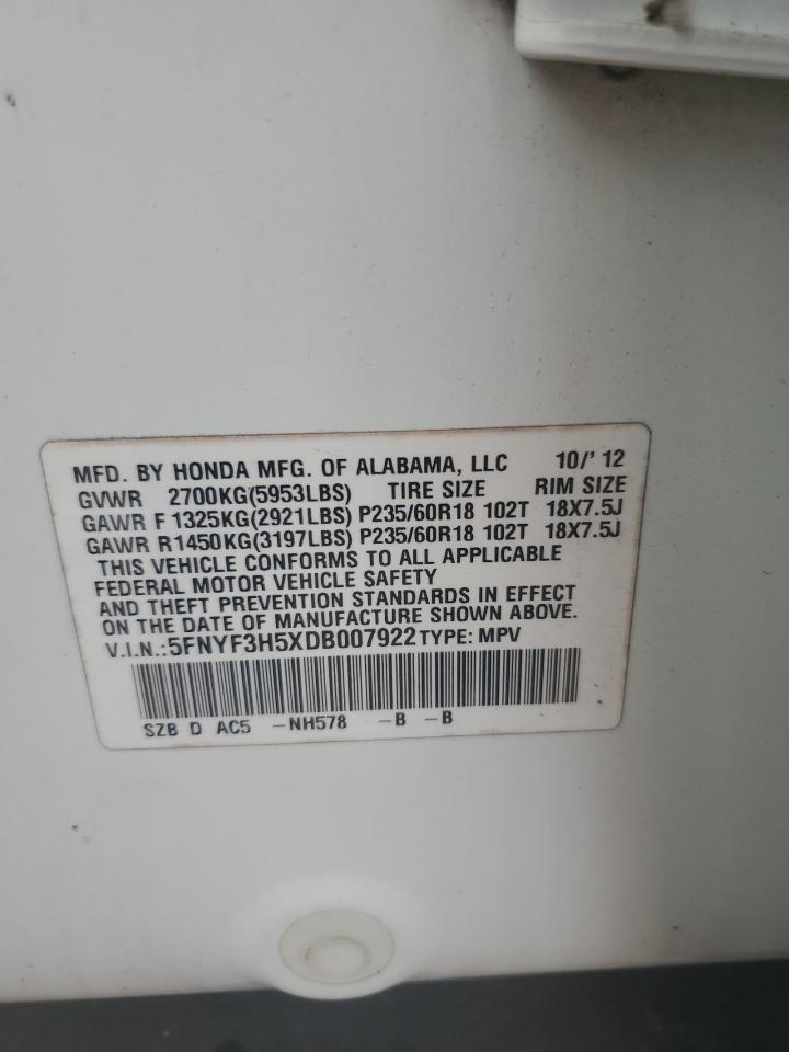 2013 Honda Pilot Exl VIN: 5FNYF3H5XDB007922 Lot: 71116375