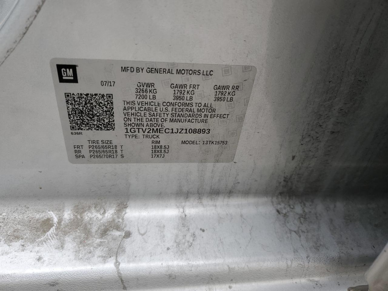 2018 GMC Sierra K1500 Sle VIN: 1GTV2MEC1JZ108893 Lot: 81512755
