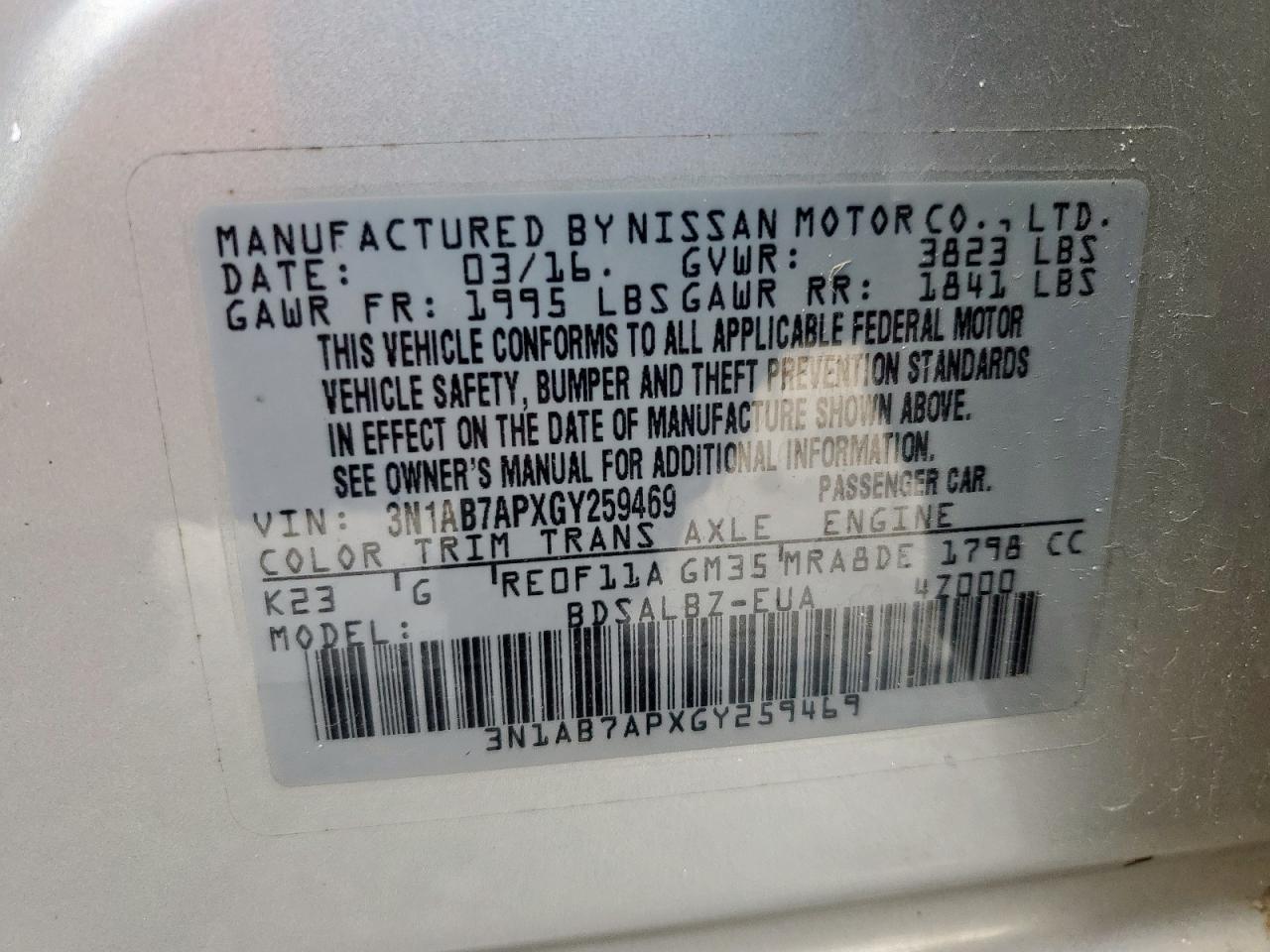 2016 Nissan Sentra S VIN: 3N1AB7APXGY259469 Lot: 83962455