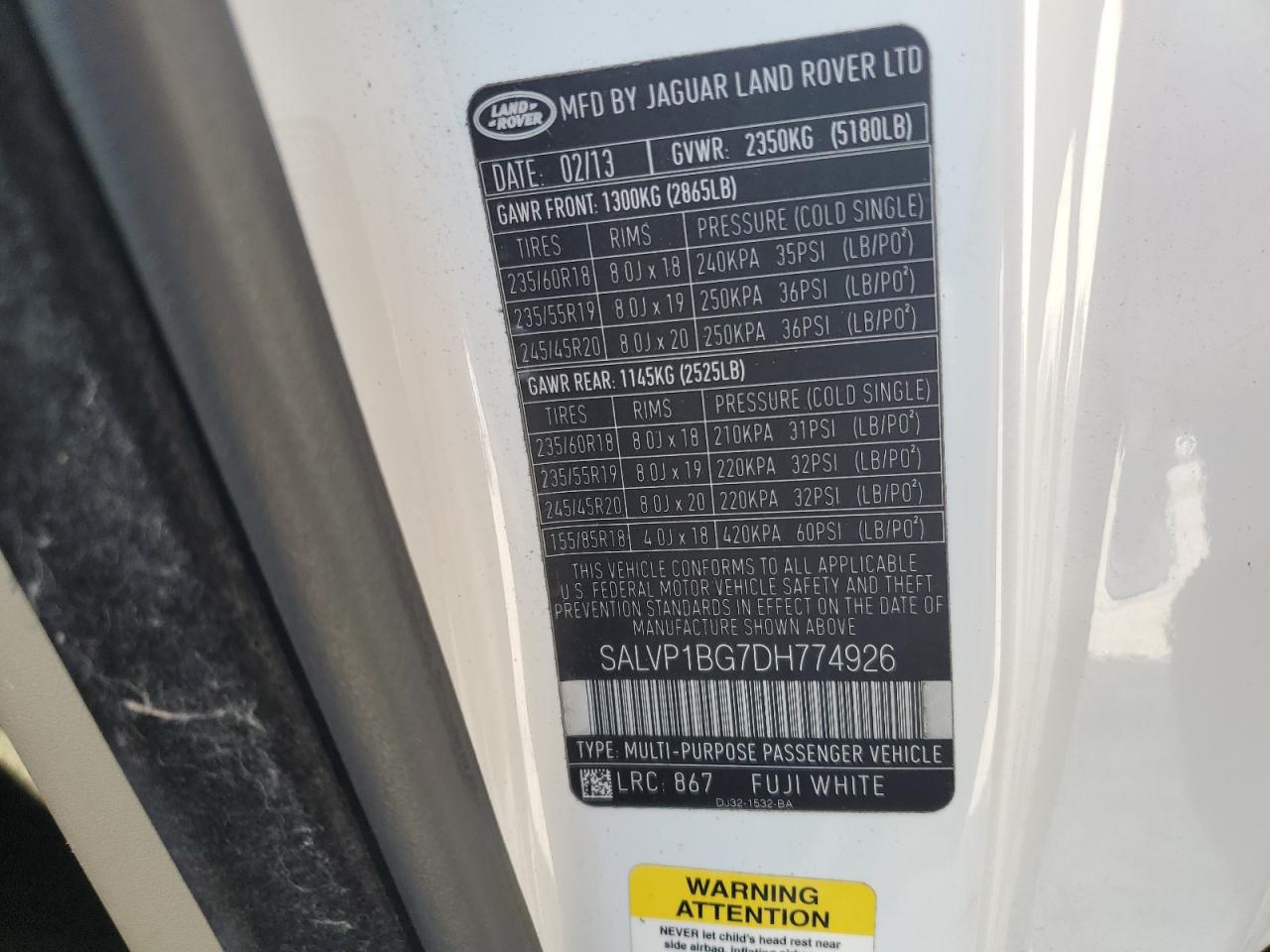 2013 Land Rover Range Rover Evoque Pure Plus VIN: SALVP1BG7DH774926 Lot: 82113885