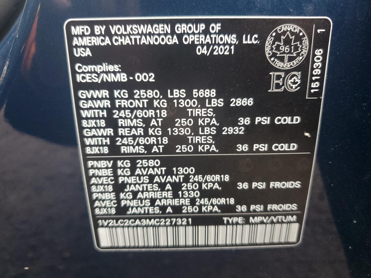 2021 Volkswagen Atlas Cross Sport Se VIN: 1V2LC2CA3MC227321 Lot: 81570915