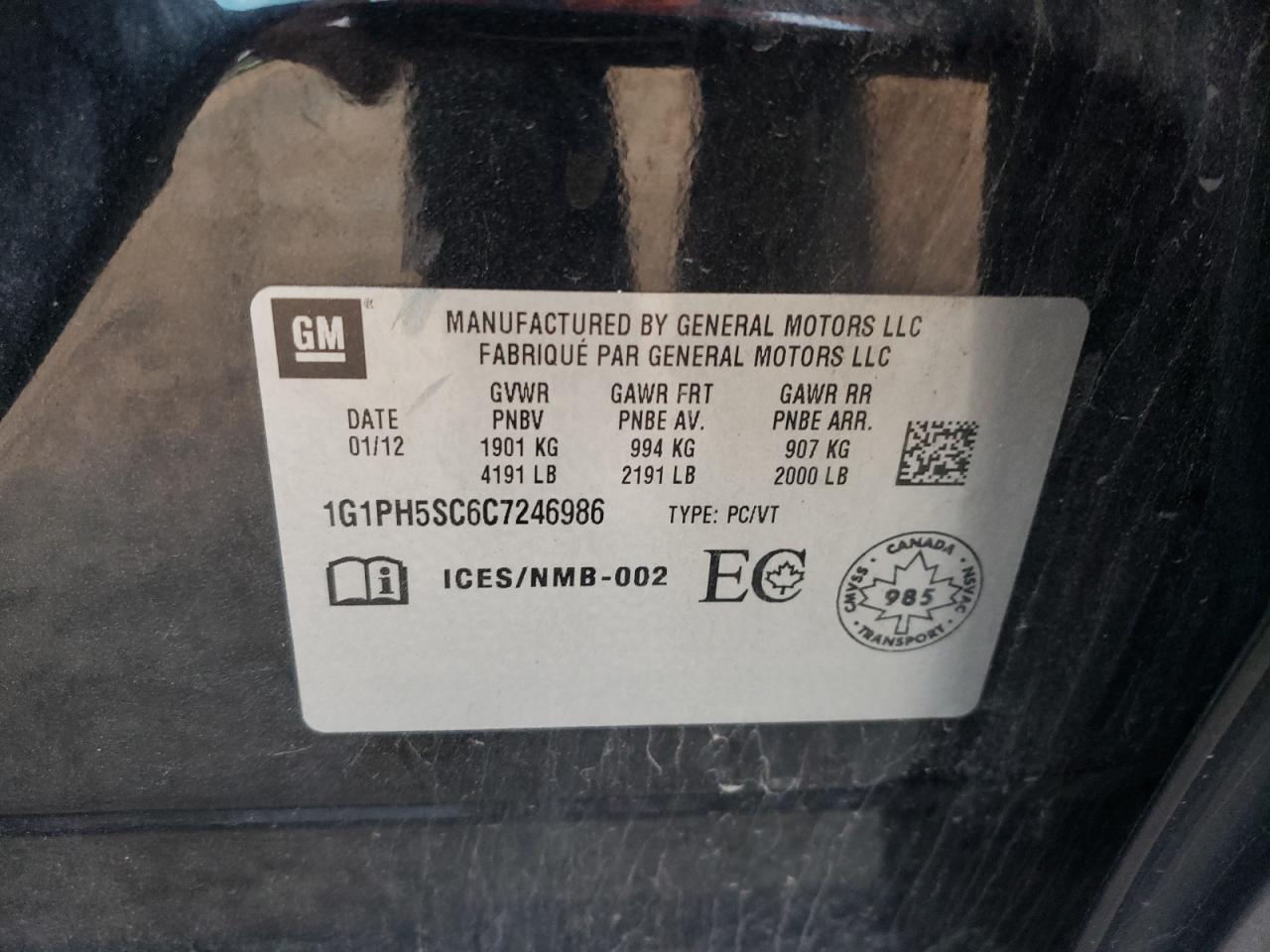 2012 Chevrolet Cruze Ltz VIN: 1G1PH5SC6C7246986 Lot: 81306435