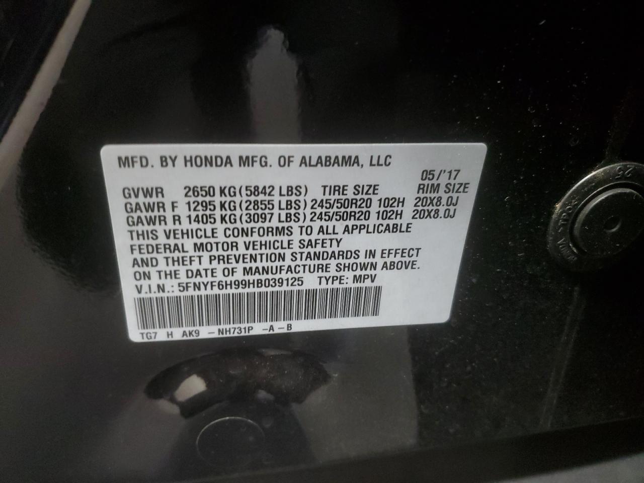 2017 Honda Pilot Touring VIN: 5FNYF6H99HB039125 Lot: 81526055