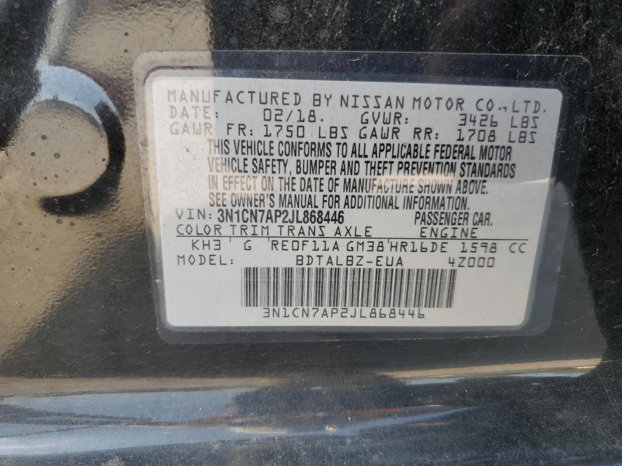 2018 Nissan Versa S VIN: 3N1CN7AP2JL868446 Lot: 80463755