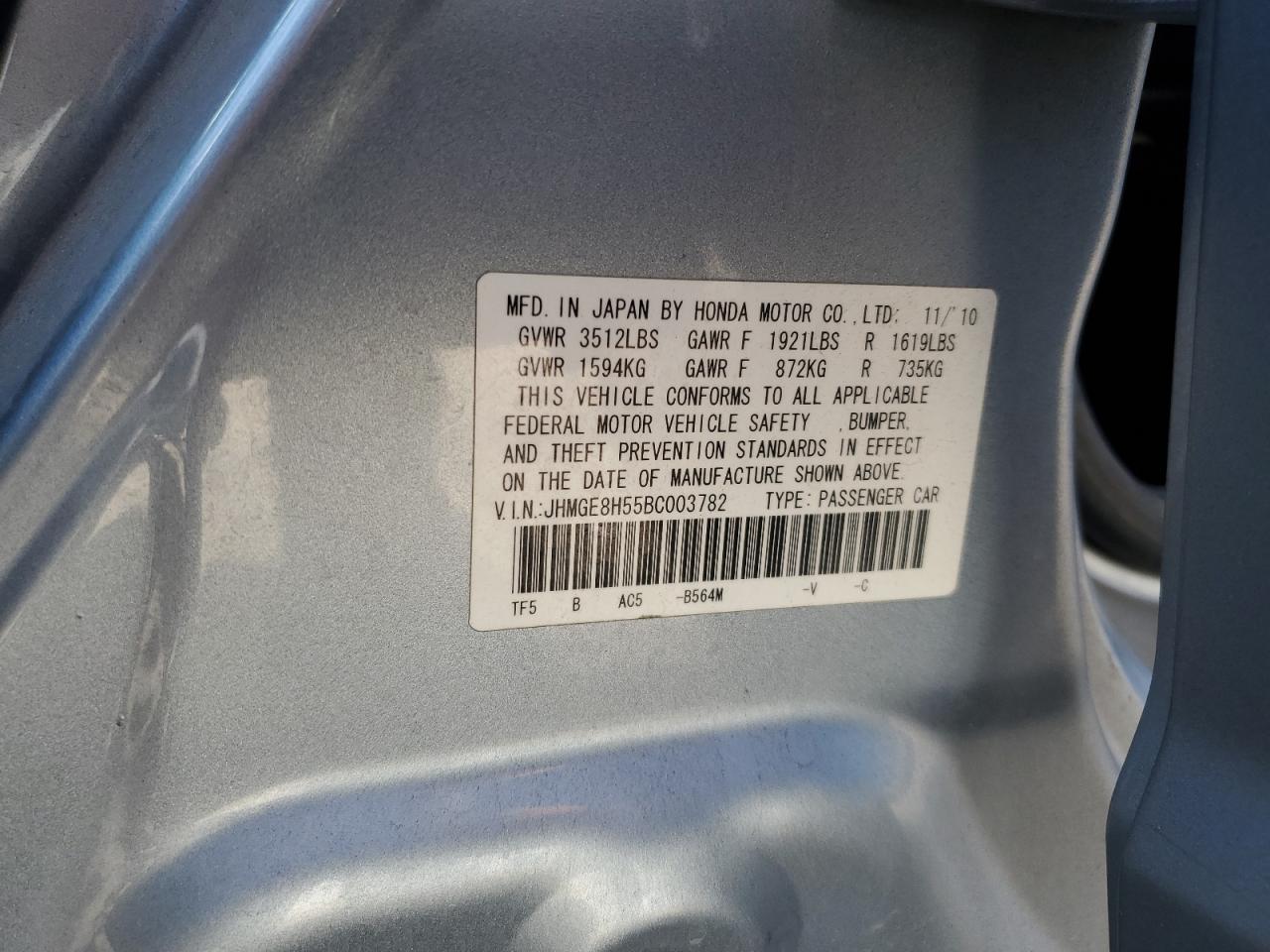 2011 Honda Fit Sport VIN: JHMGE8H55BC003782 Lot: 81815305
